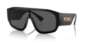 VERSACE 4439 - occhiale da sole montatura in plastica nera con lente nera a mascherina Audace costruzione iniettata oversize con appeal unisex. Logo Versace vintage anni '90 sull'asta con un affascinante effetto 3D