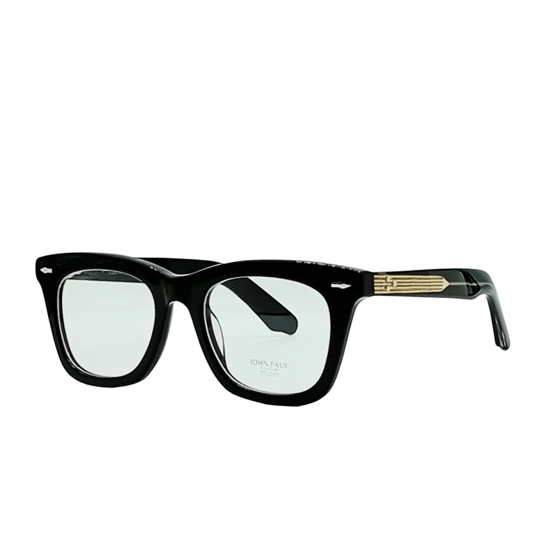 JOHN PAUL 120 Montatura dal design deciso, struttura spessa con una particolare forma a panthos attuale, aste in celluloide con particolare scheletro a vista in metallo , adatta per personalità estroverse